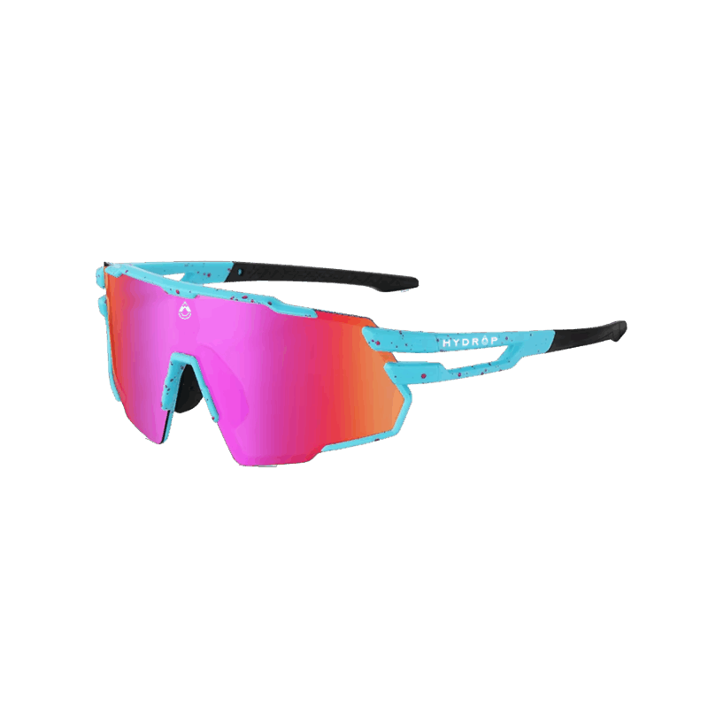Gafas running unisex marca Hydrop en color azul con lente de espejo rosa.