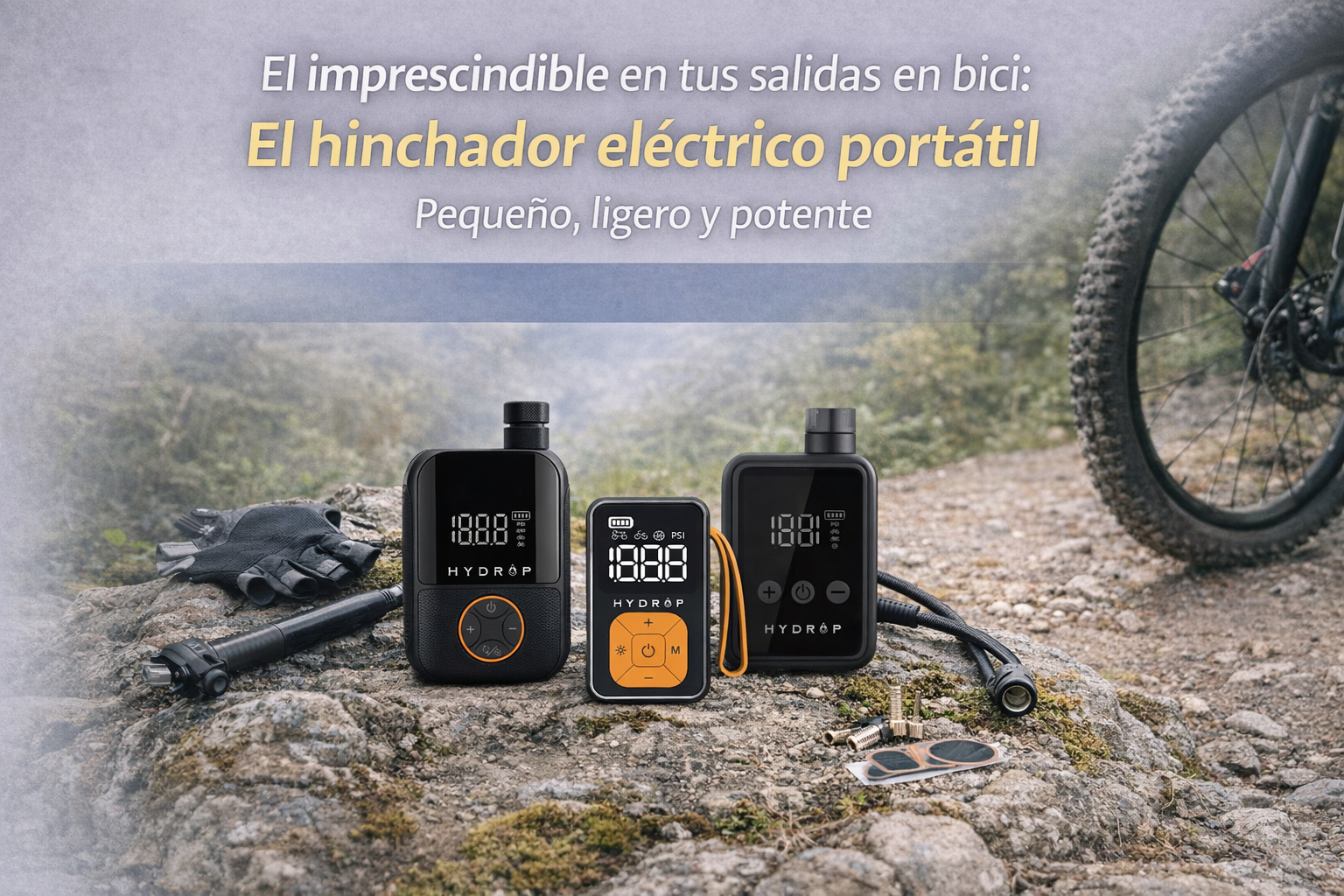 Se ven accesorios de bicicleta como tres diferentes hinchadores eléctricos portatíles, guantes y bomba de aire en la montaña